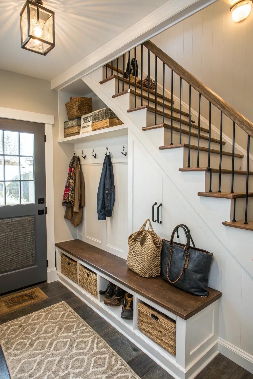 Keep your entryway neat by including a mini mudroom beneath the staircase.