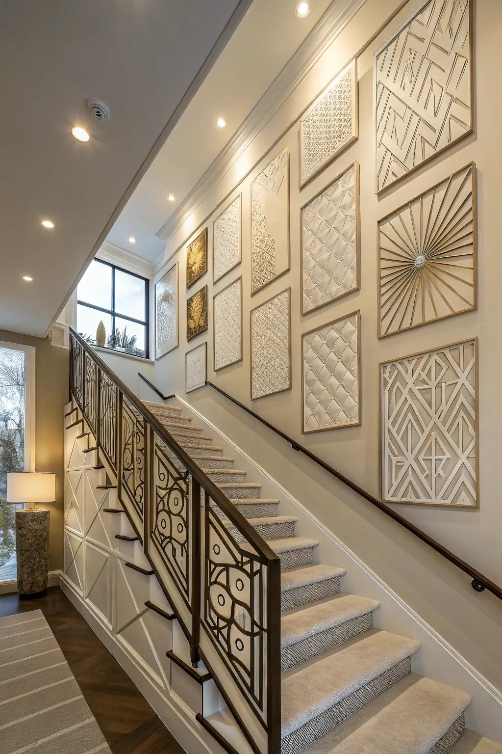 Artistic wall panels offer a polished, contemporary look for stairwell walls.
