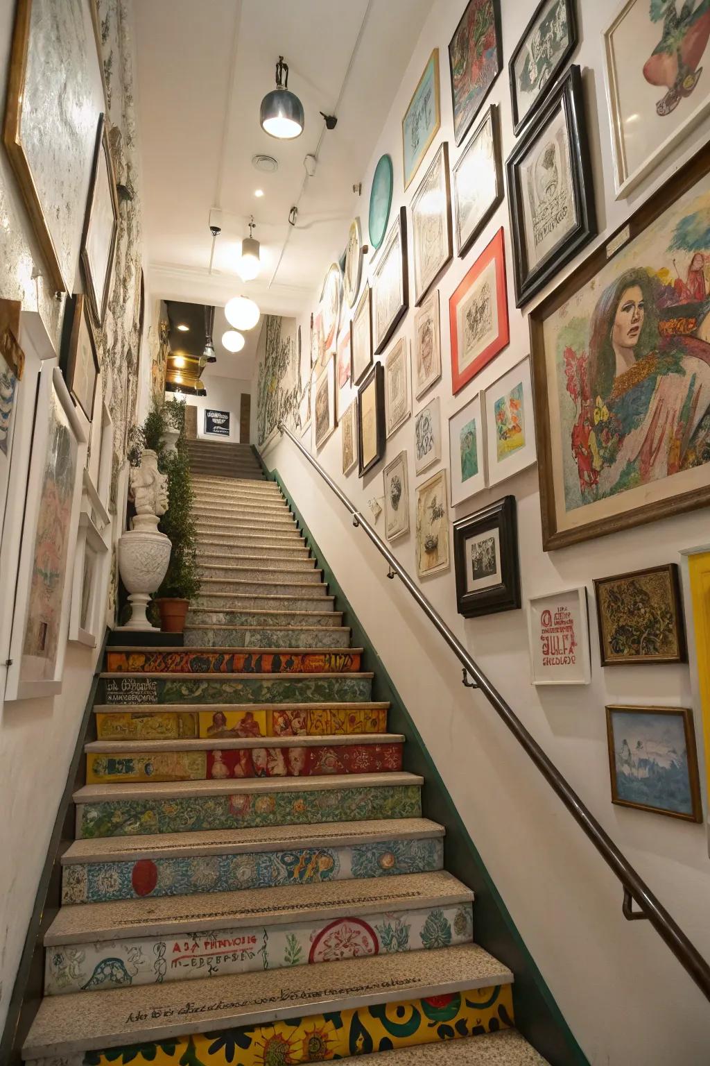 An assorted mix adds vitality and spontaneity to the stairway.