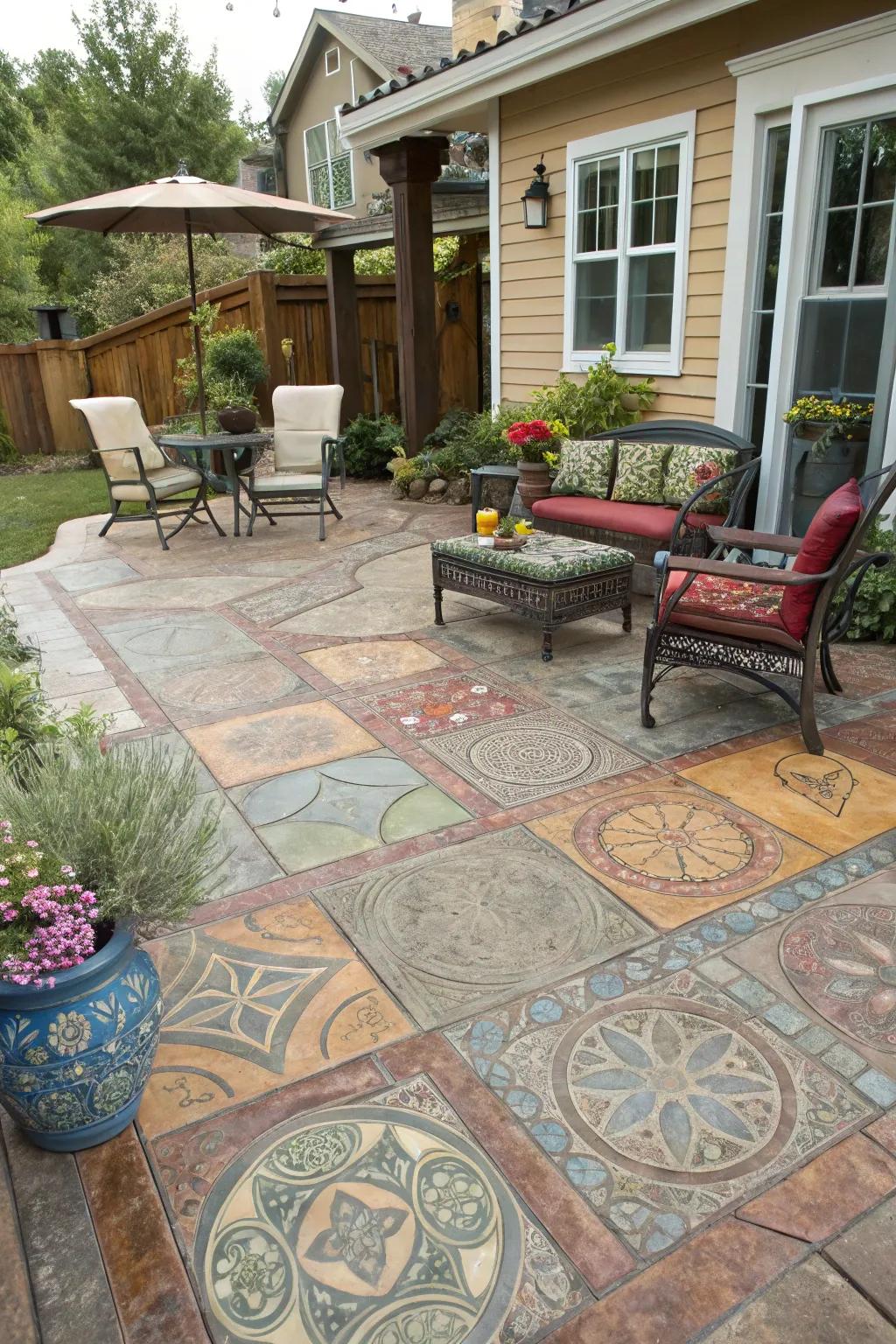 Kaleidoscopic patterns infuse this patio with artistic flair.