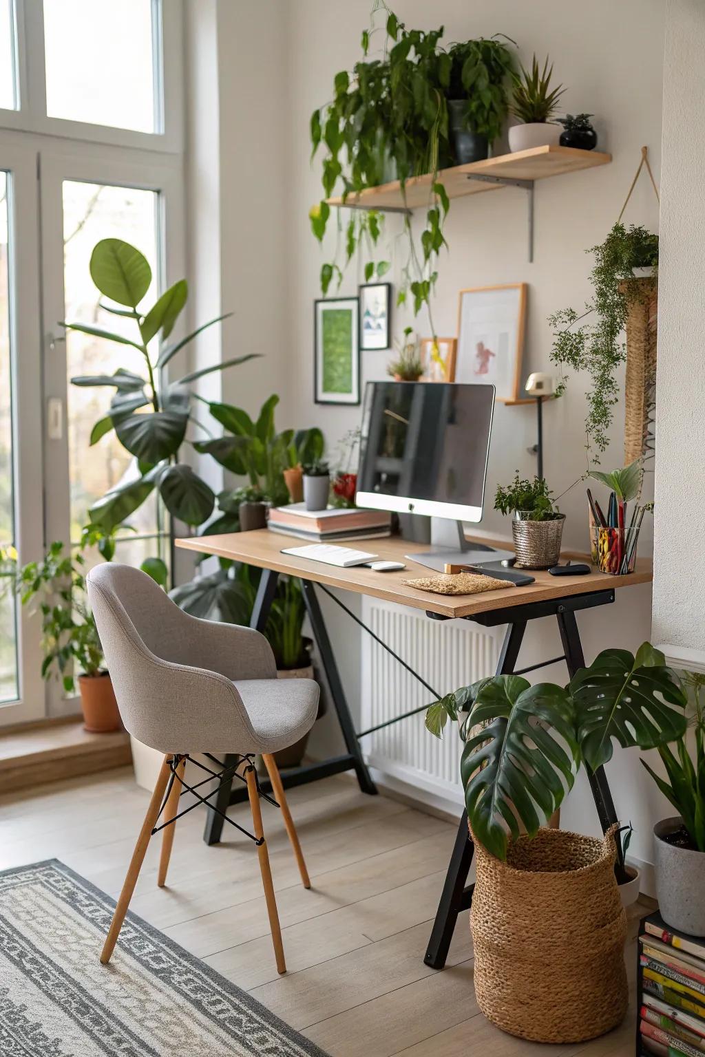 Greenery adds life and vibrancy to your standing desk setup.