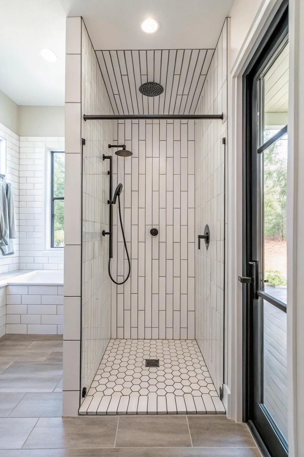 Vertical tiles tricking the eye to make a shower appear taller and more spacious.