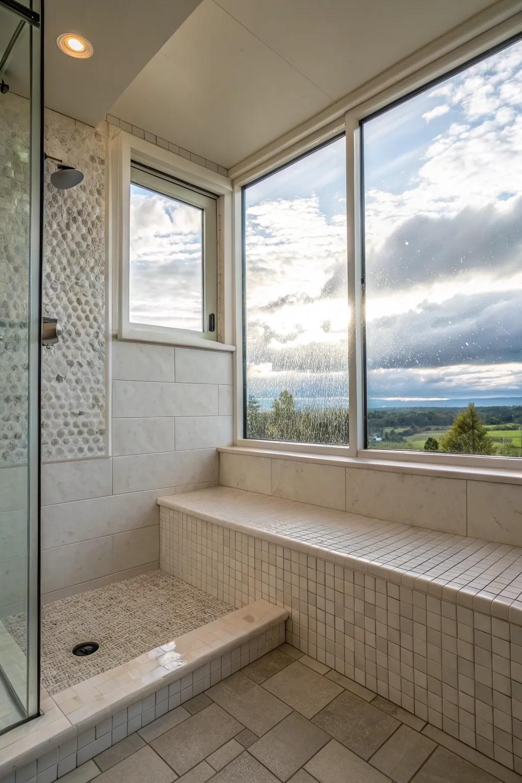 Sunken shower bathed in genuine daylight, courtesy of a smartly oriented window.