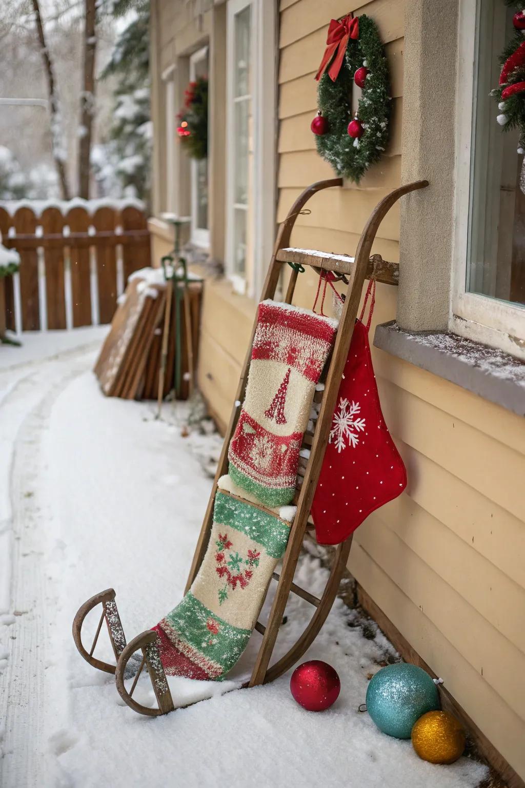 A vintage sled gives stockings a nostalgic display.