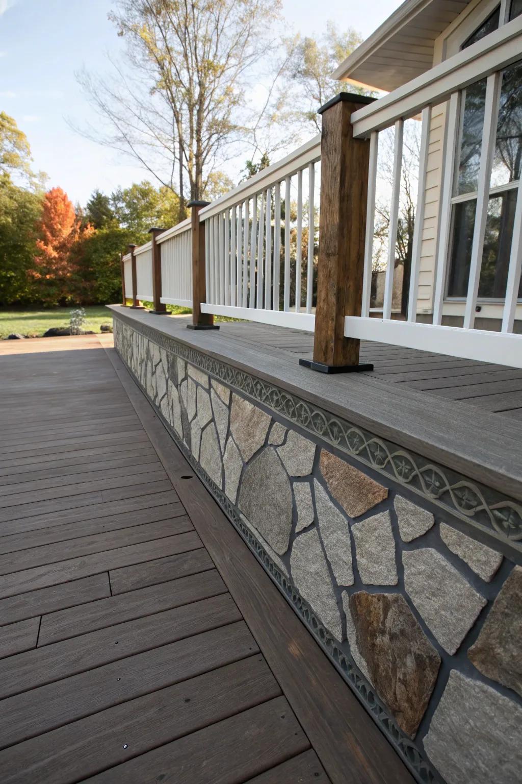A deck metamorphosed into an artistic masterpiece through patterned rock skirting.