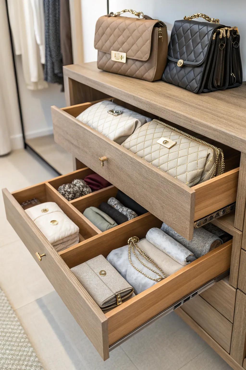 Linen drawers neatly containing purses.