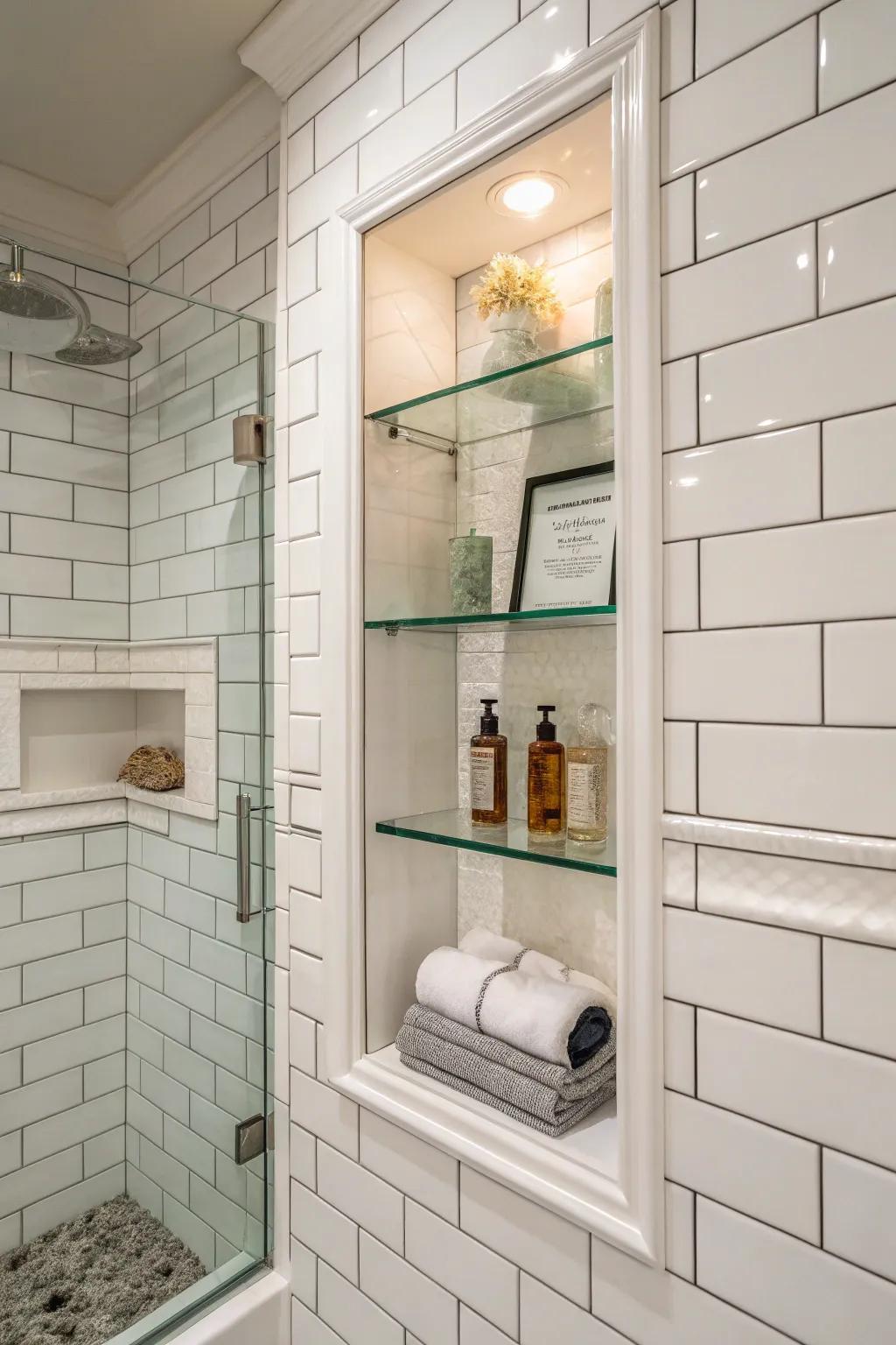 A functional niche with additional shelving.