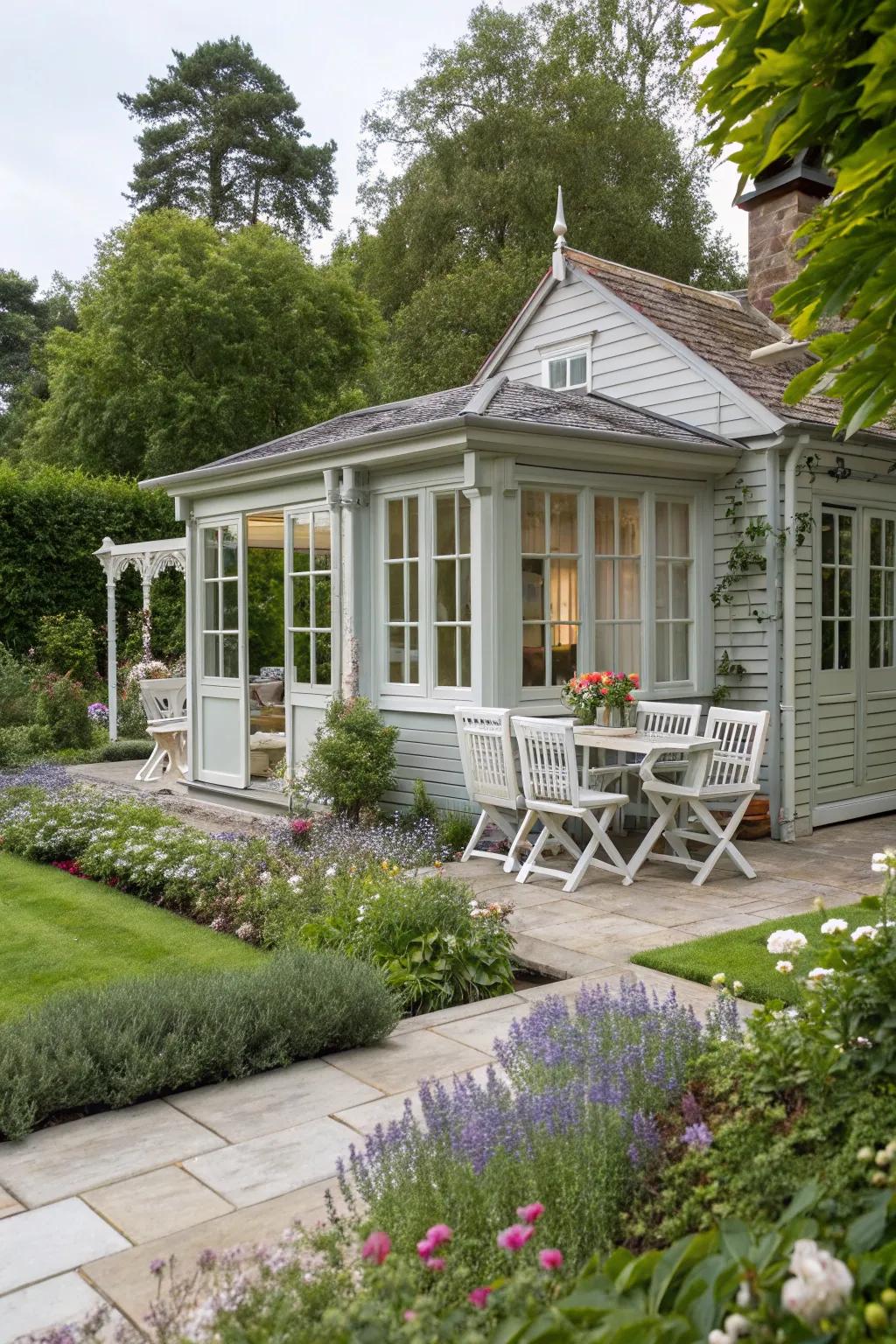 A chic summer house in delicate grey, perfect for any garden style.