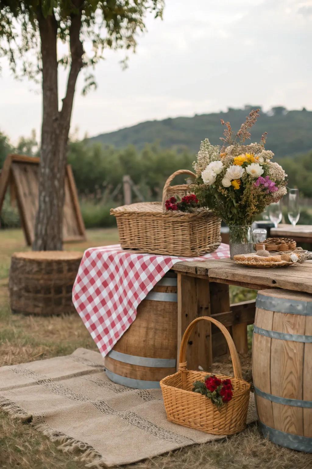 A cozy rustic picnic setup with natural and earthy elements