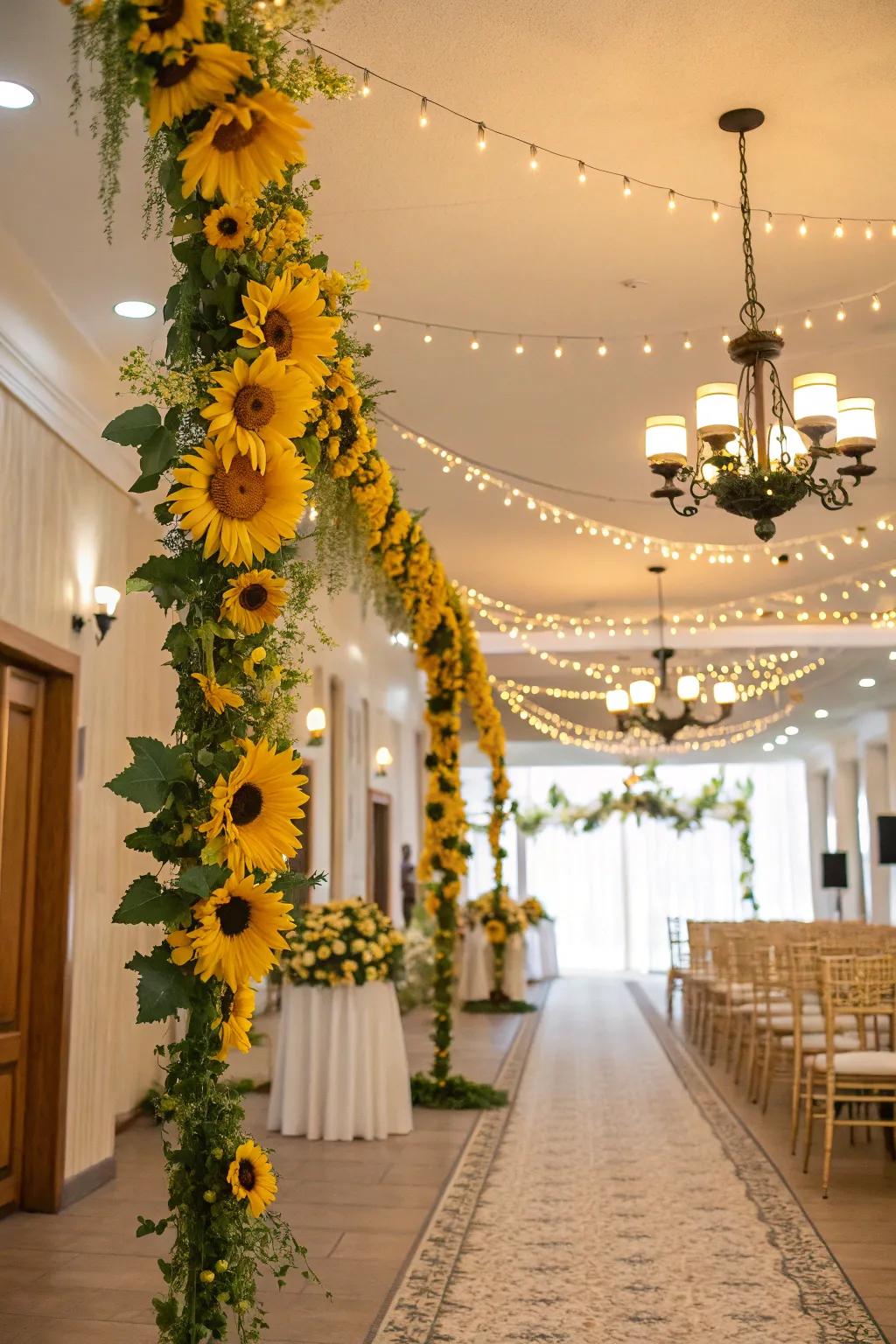 Golden bloom garlands beautifully enhancing the wedding decor.