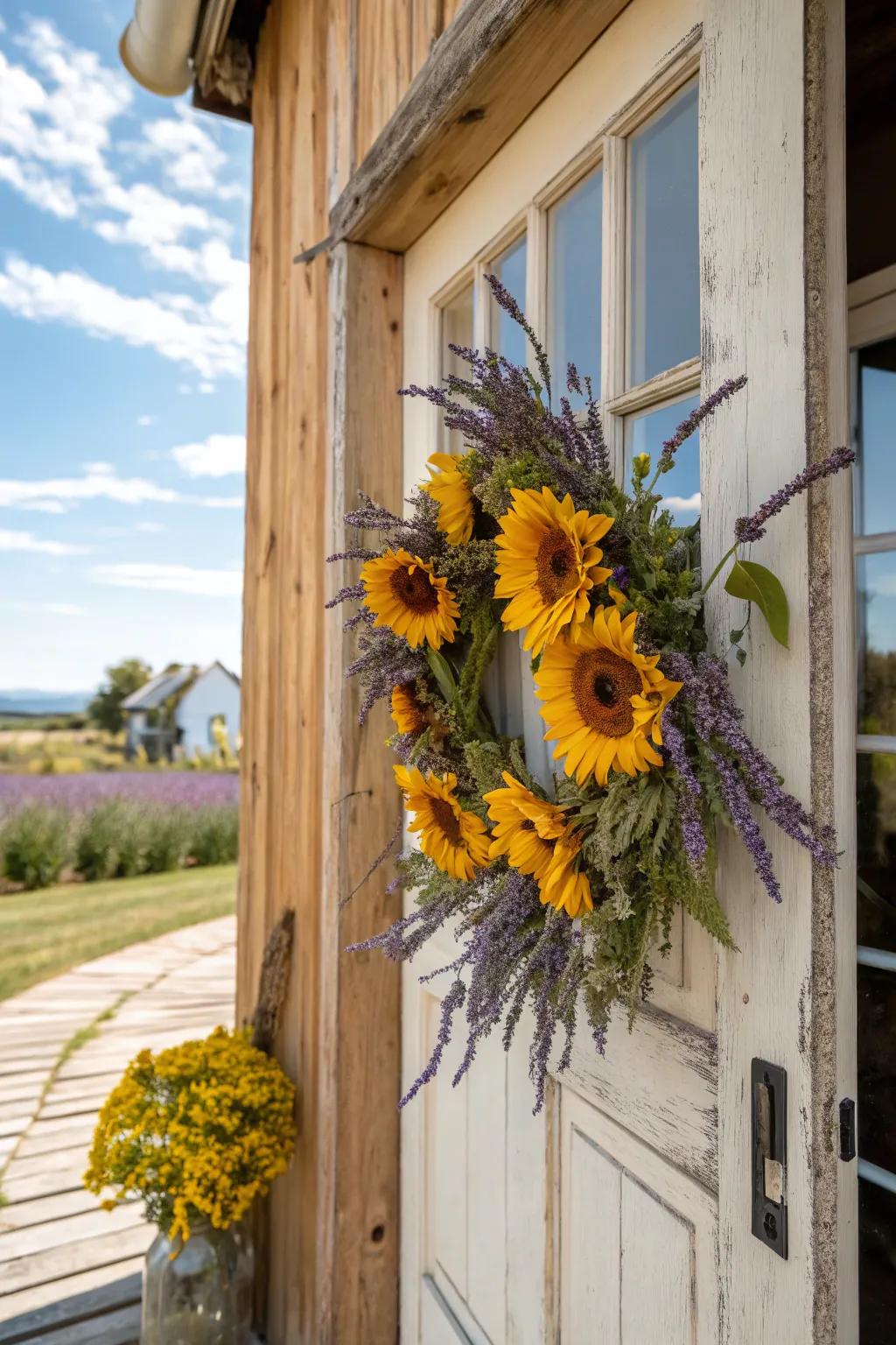 Bask in the tranquility of relaxing lavender harmonized with vibrant sunflowers, creating a truly enchanting wreath.