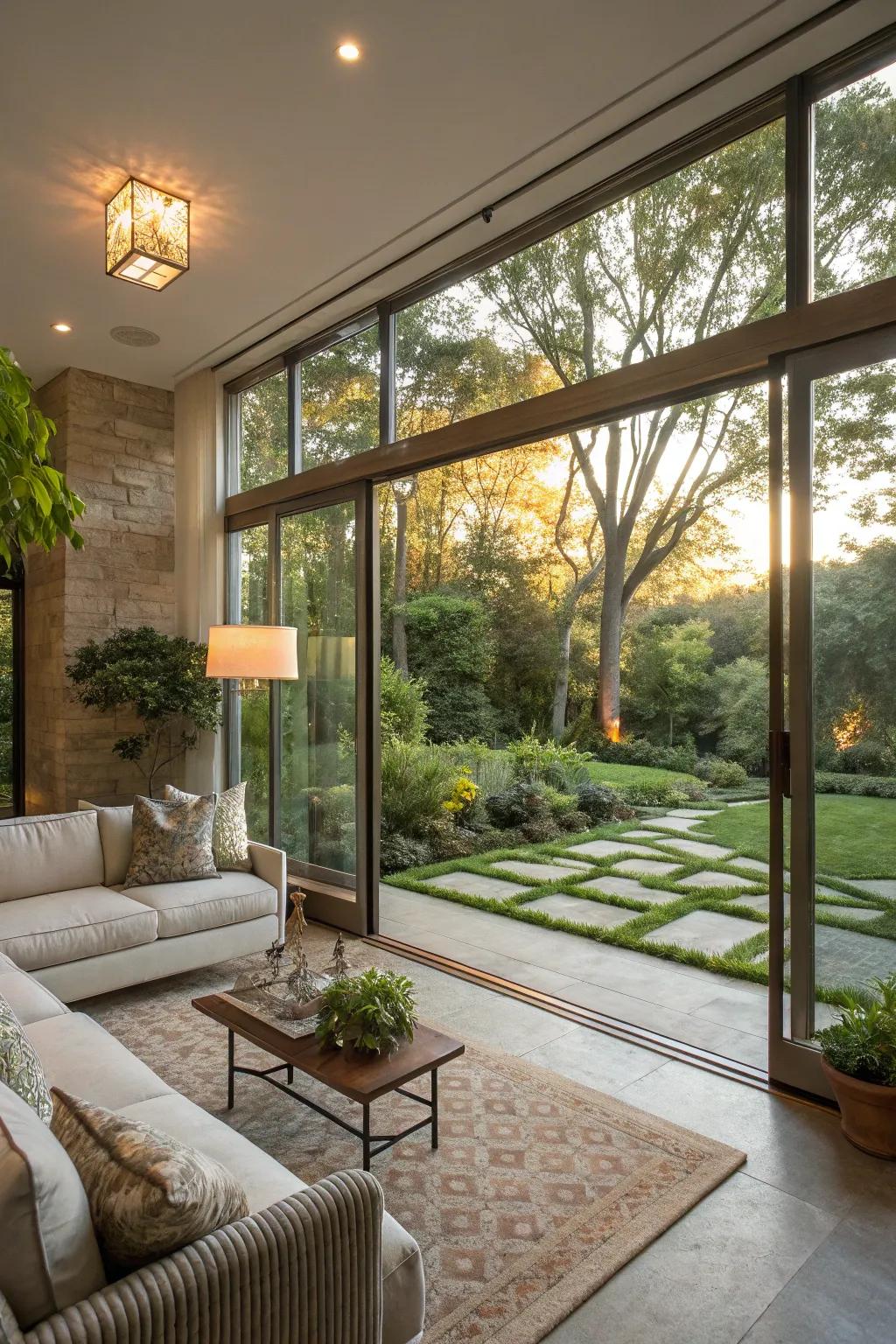 A sunken living room exhibiting seamless indoor-outdoor flow.