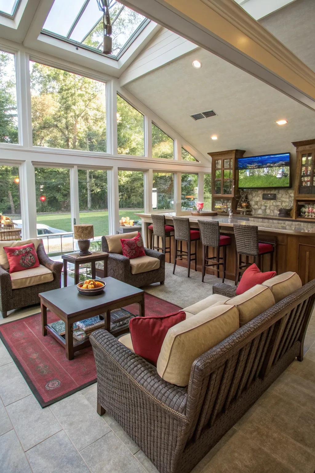 A diverse design enhances the flexibility of your sunroom bar.