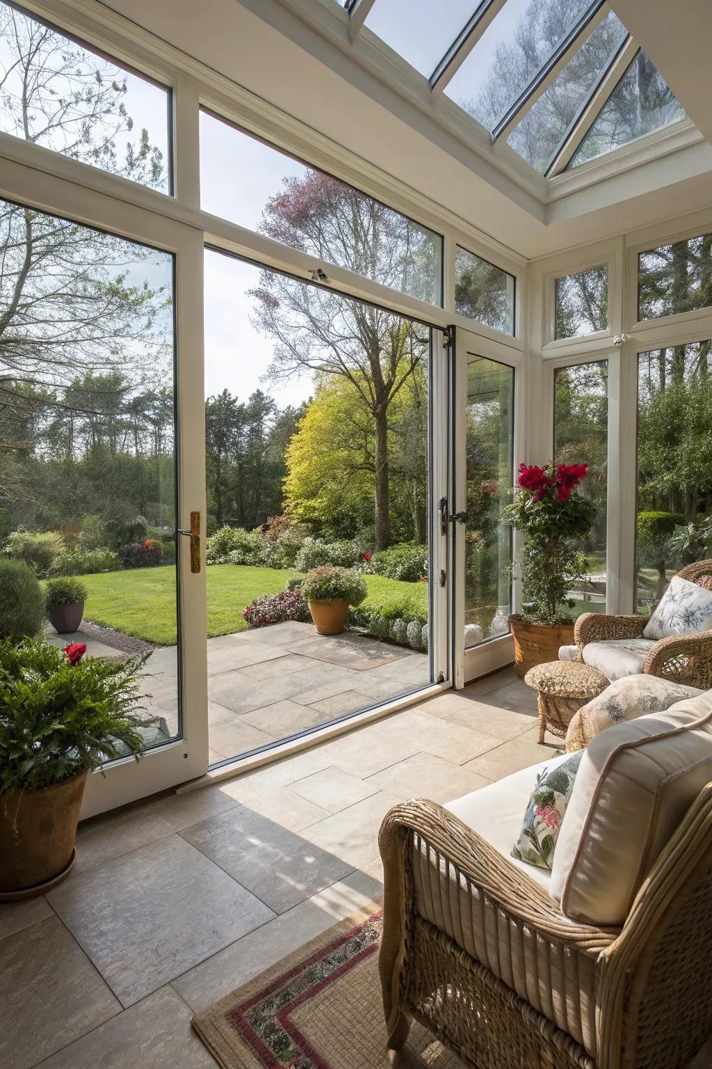 Expansive glass doors bring the beauty of the outside world into this sunroom.