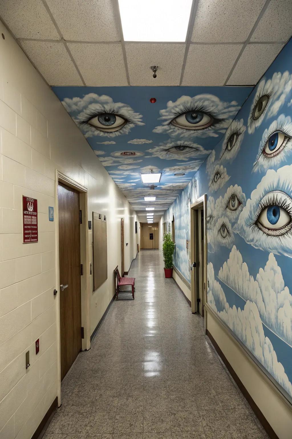 A corridor showcasing skies filled with orbs.