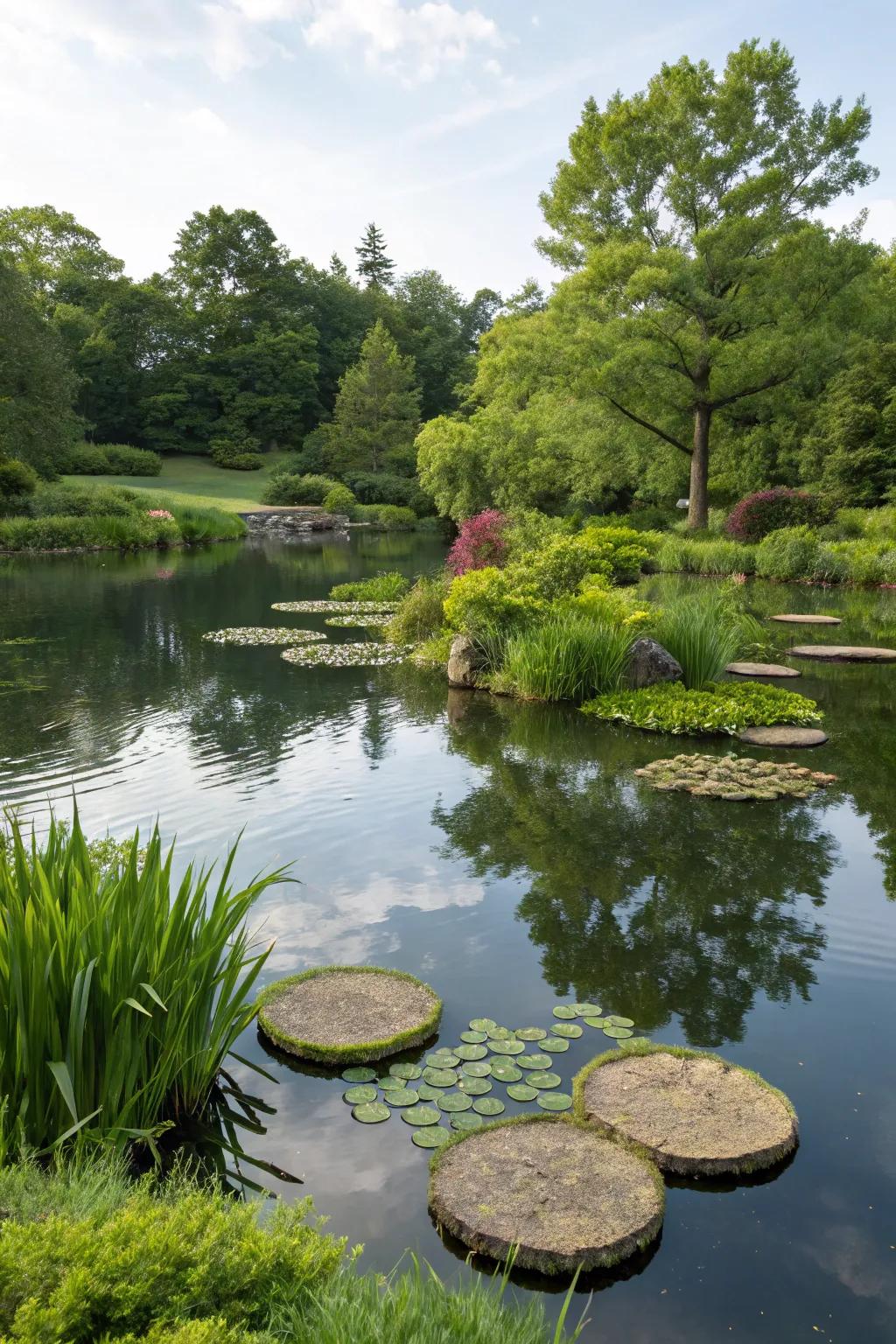 Floating pieces add a unique and dynamic touch to the swimming pond.