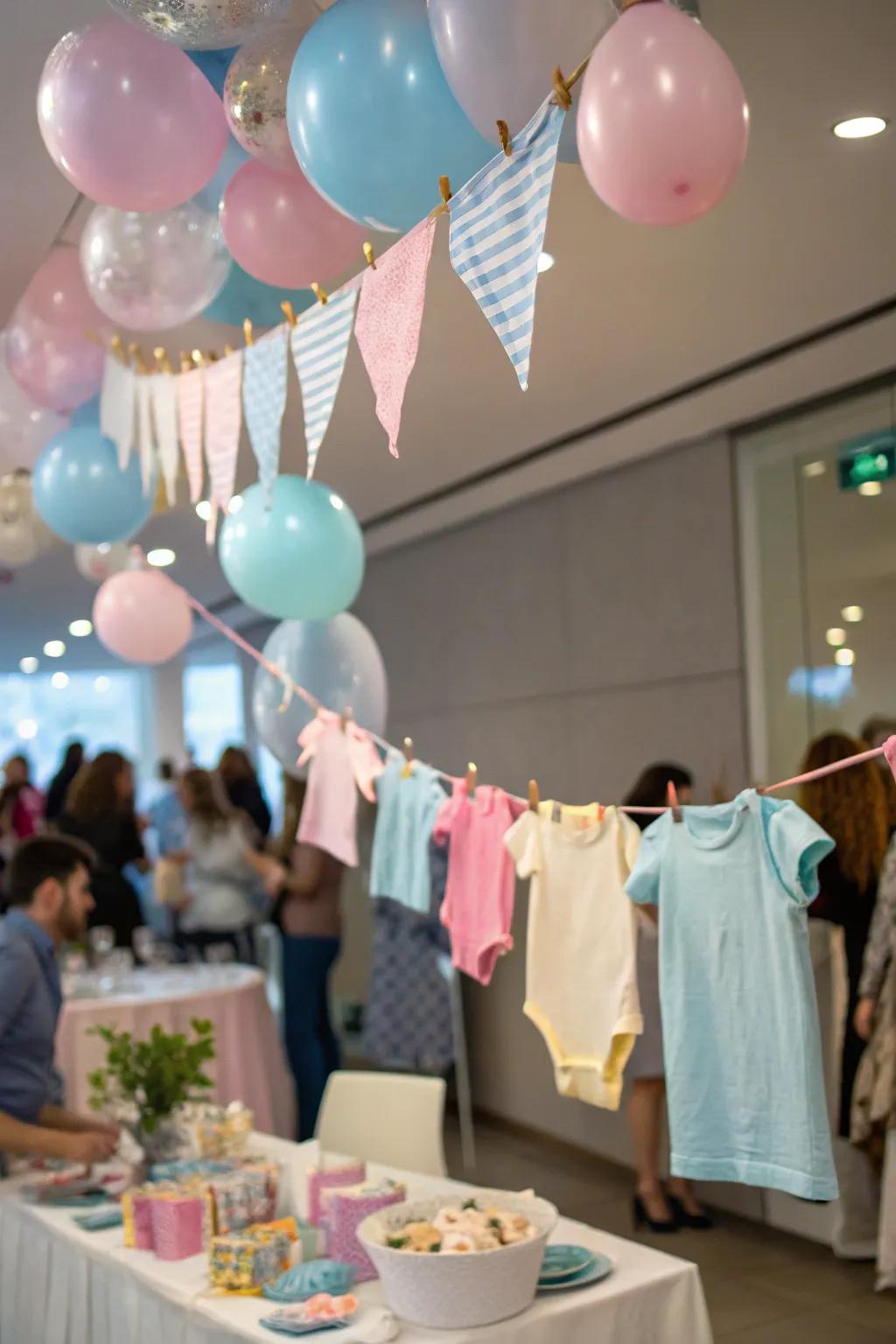 A whimsical onesie garland adds baby-themed charm to your decorations.