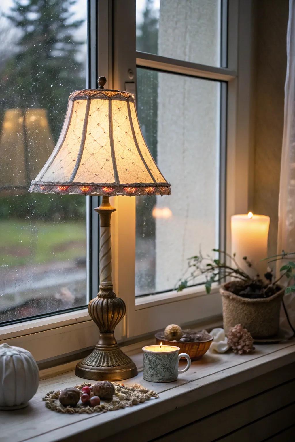 A table lamp on a window sill creates a warm, inviting glow.