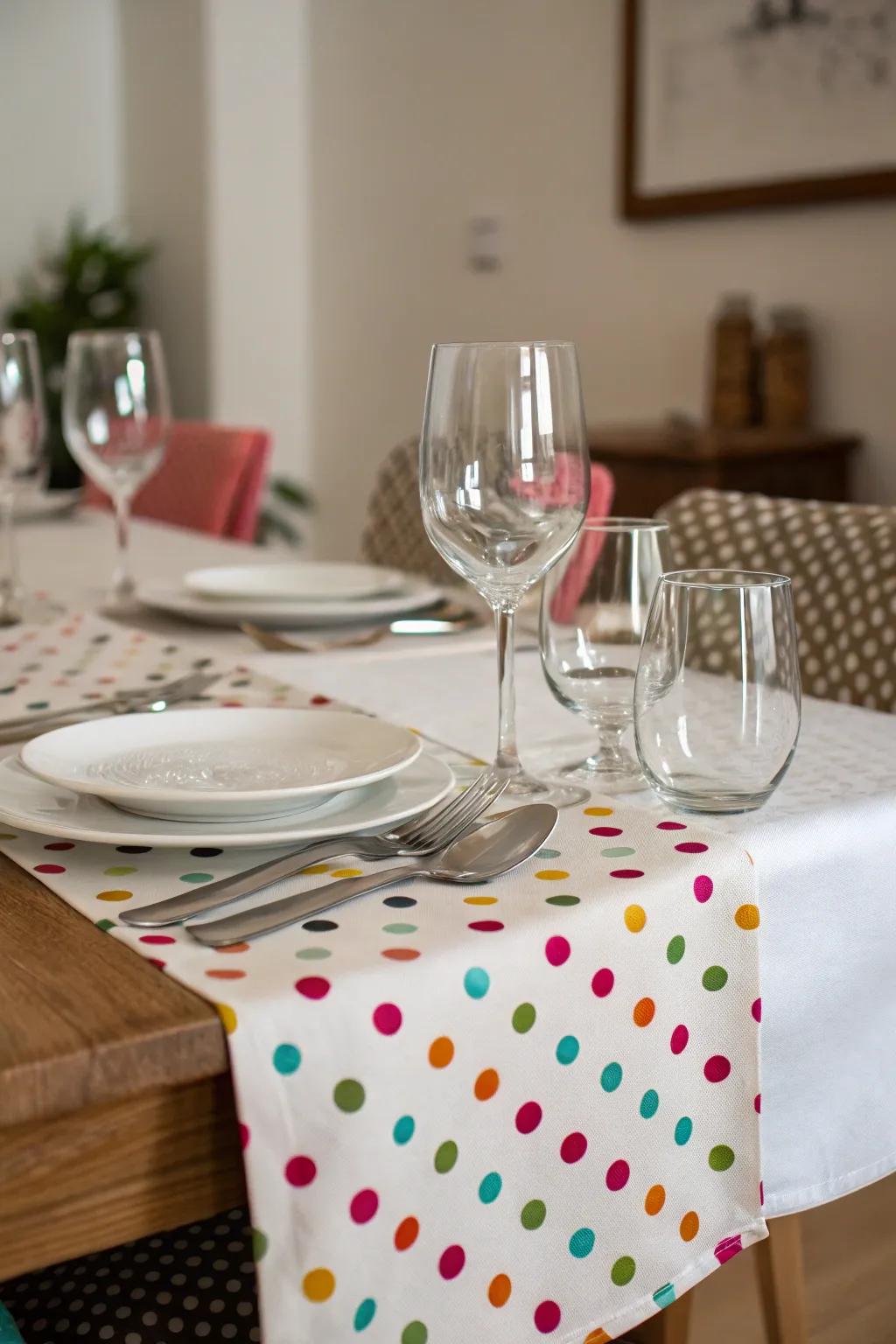 Spot table runner for a fun and cheerful dining setup.