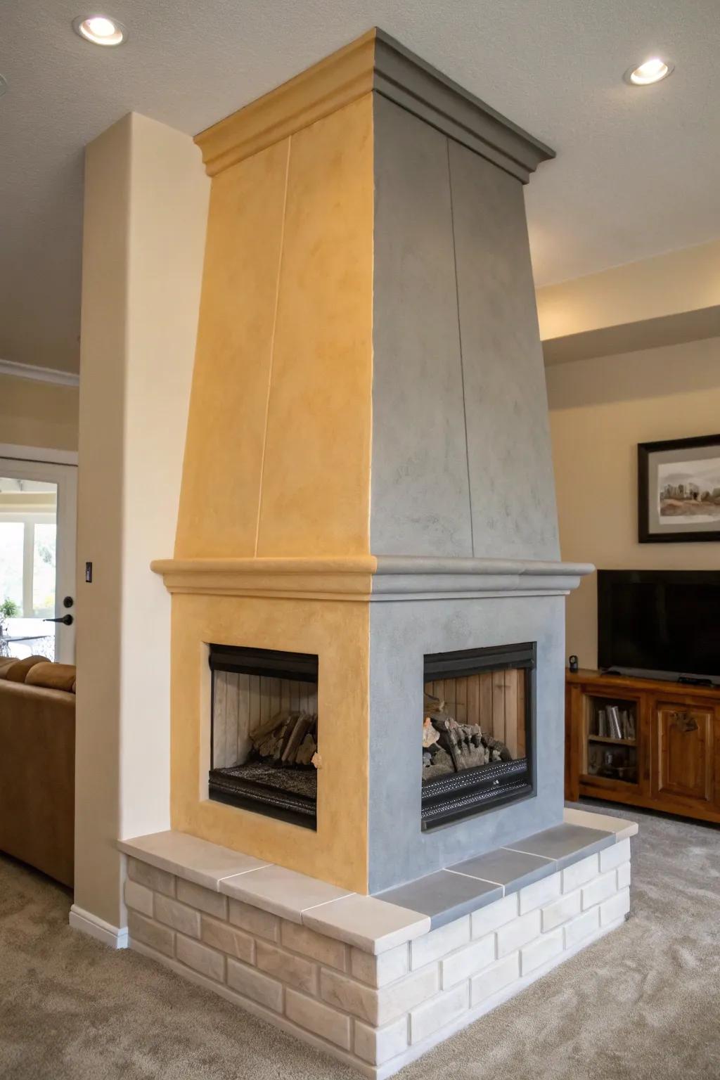 Bichromatic schemes append profundity and intrigue to a fireplace wall.