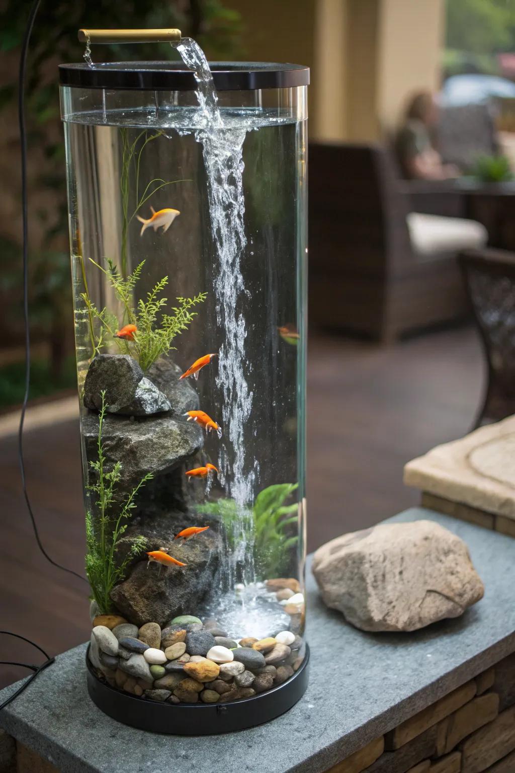 A towering aquarium showcasing a tranquil zen cascade characteristic.