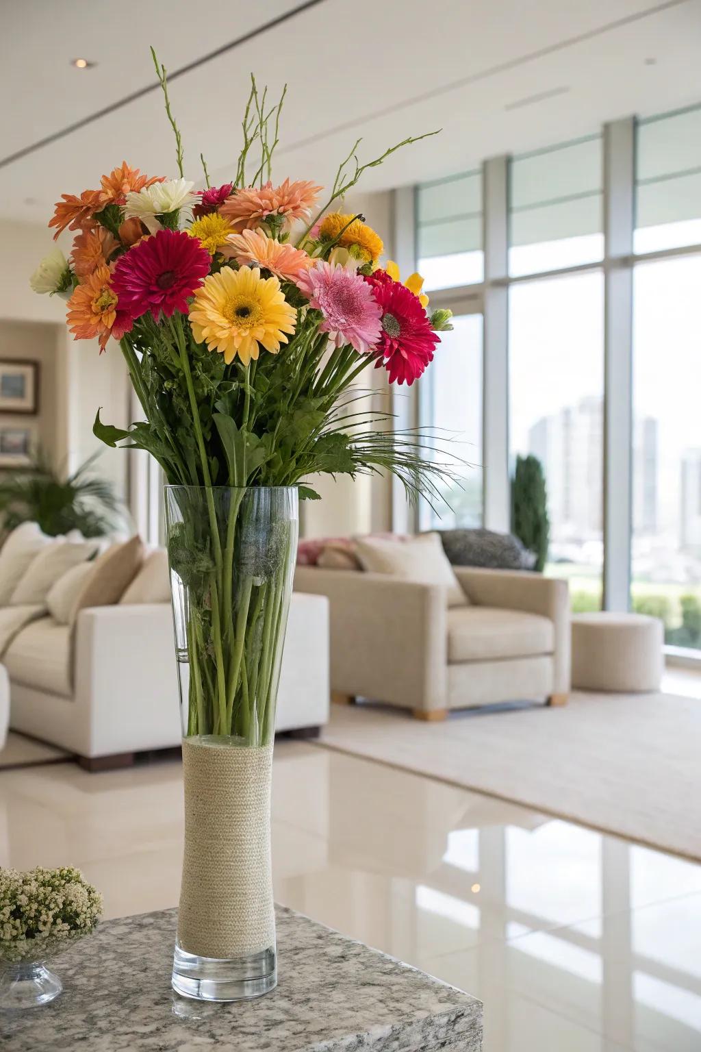 A tall glass vase with neutral tones and vibrant flowers, balancing calm and energy in a modern space.