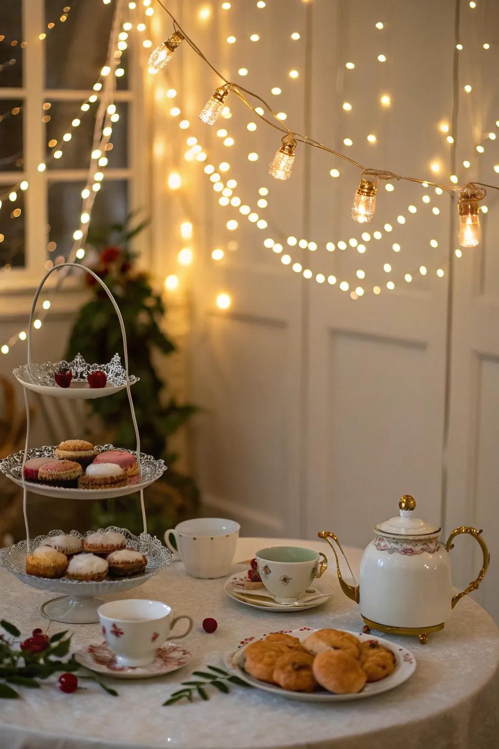 Fairy beams conjure a dreamy and bewitching ambiance for the tea event.