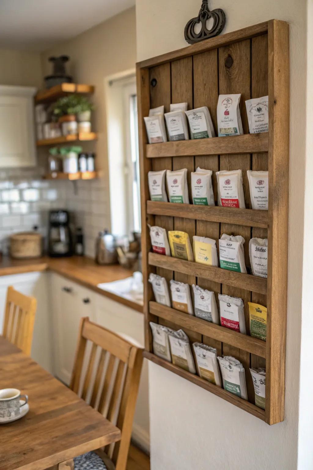 A repurposed spice rack for tea storage.