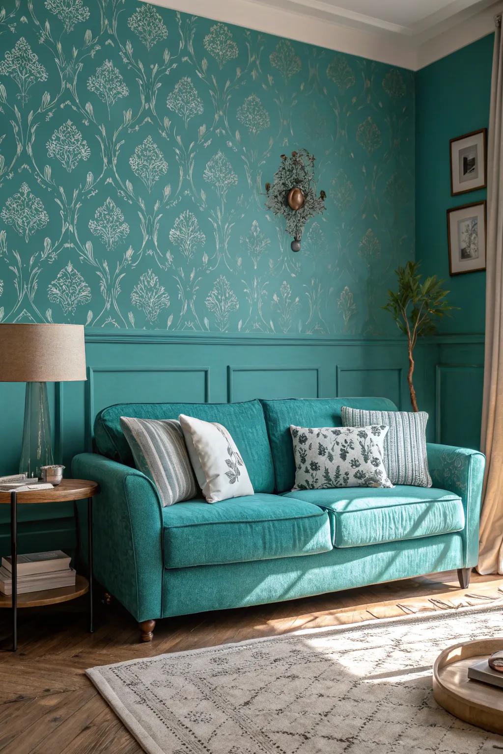 Teal wallpaper can add depth and sophistication to your living room.