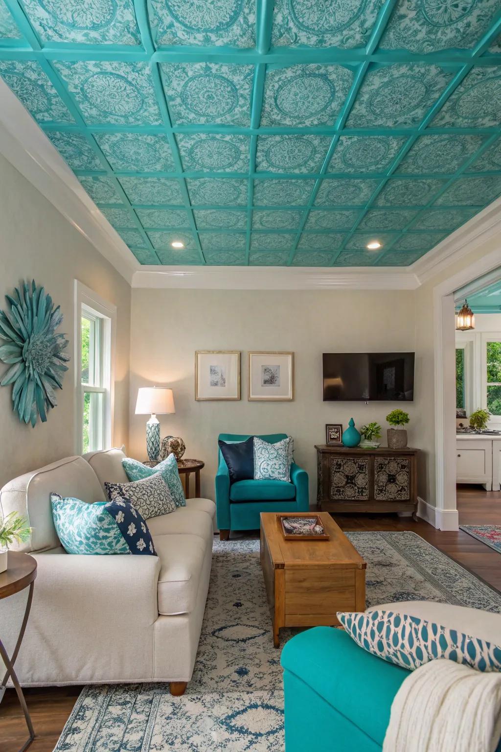 A turquoise top adds a nice surprise to this stylish room.