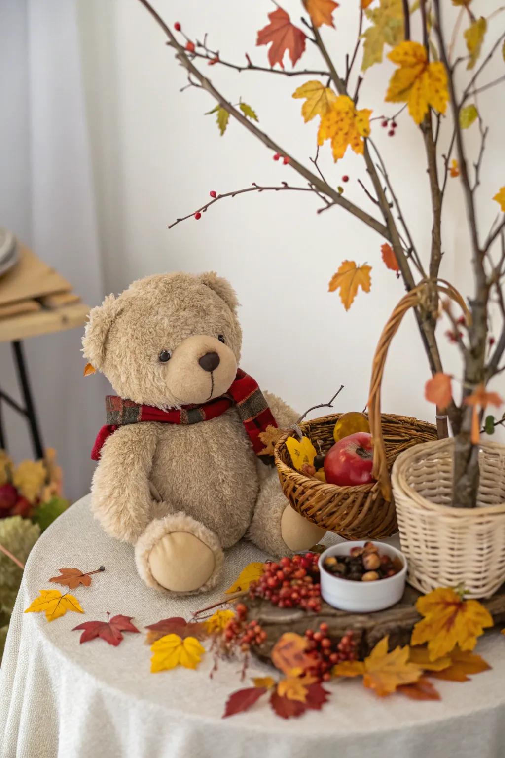 Seasonal themes enhance a teddy bear centerpiece.