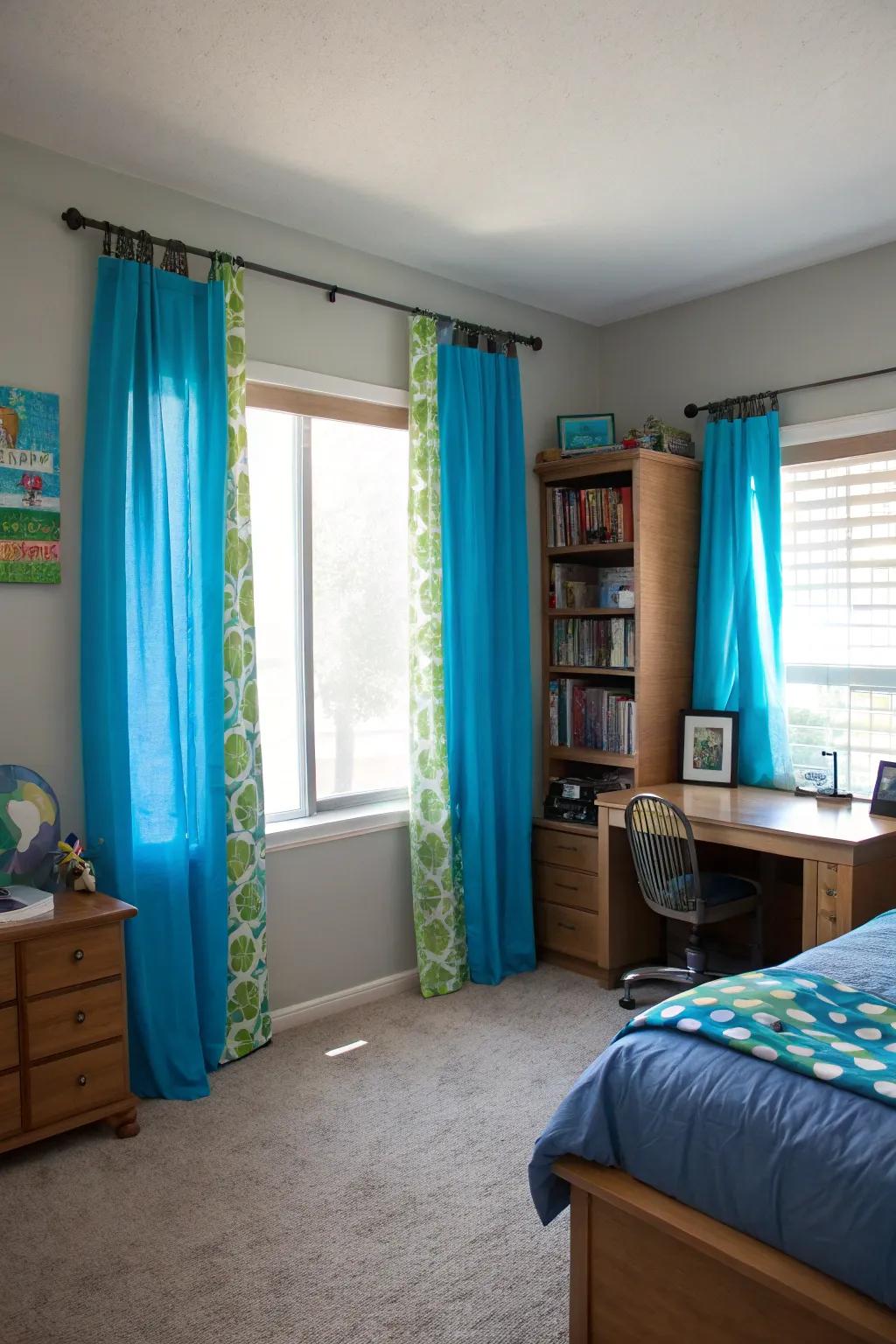 Bright window coverings create a cheerful key point in the room.