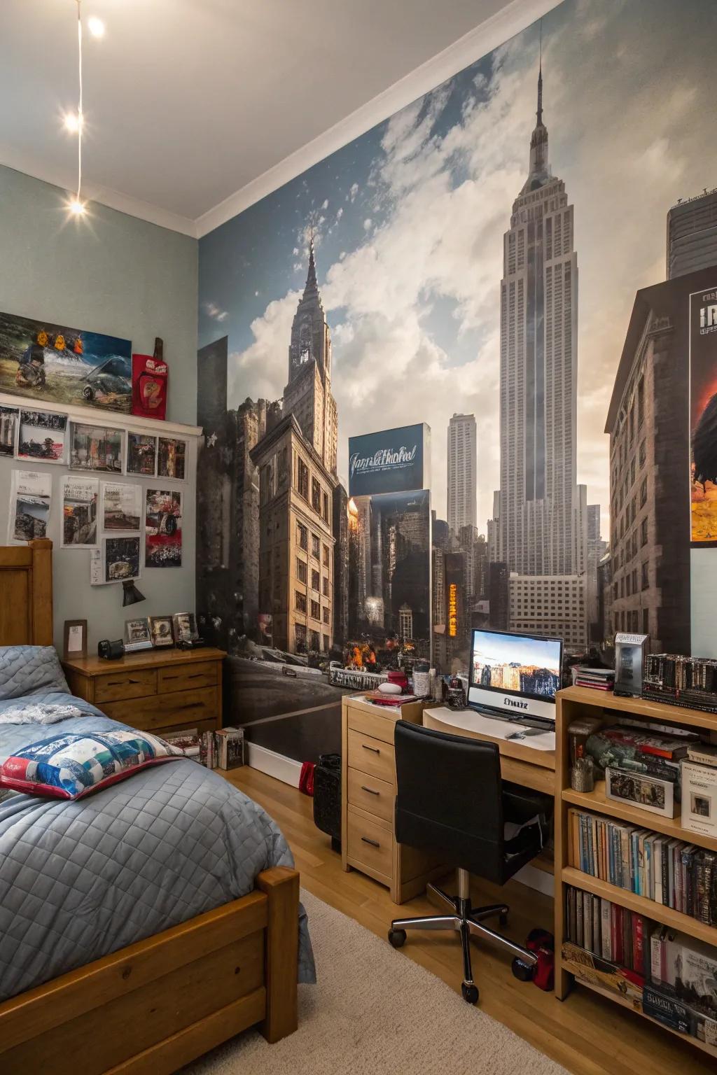 An impressive wall art featuring a metropolitan skyline enhances the visual appeal of this teen boy's room.