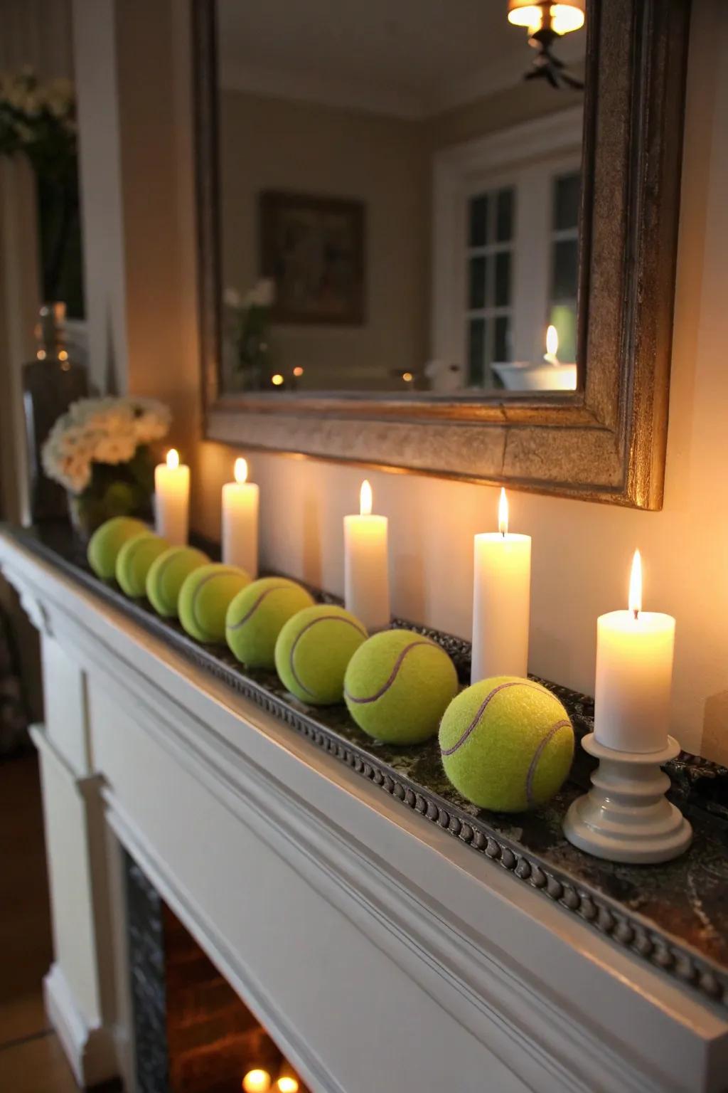 Tennis sphere candle pedestals emit a snug, athletic gleam.