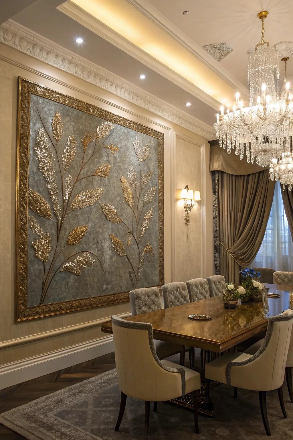 Metallic accents in this textured painting add a touch of luxury to the dining room.