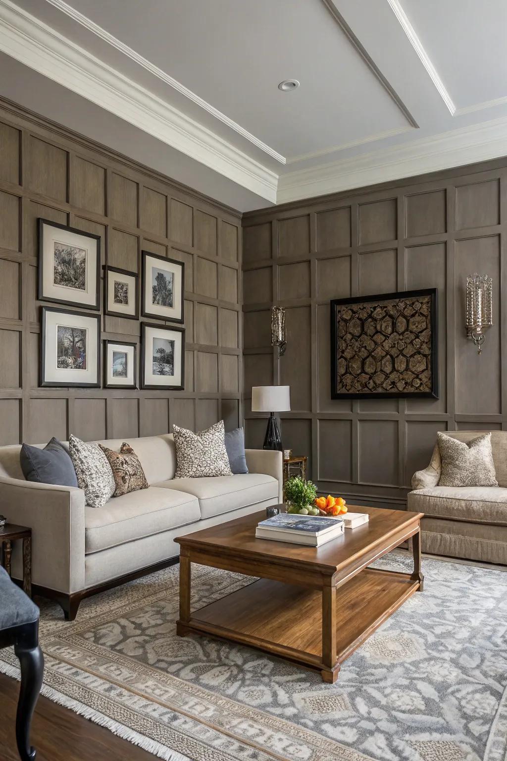 A living room featuring board and batten wall texture.