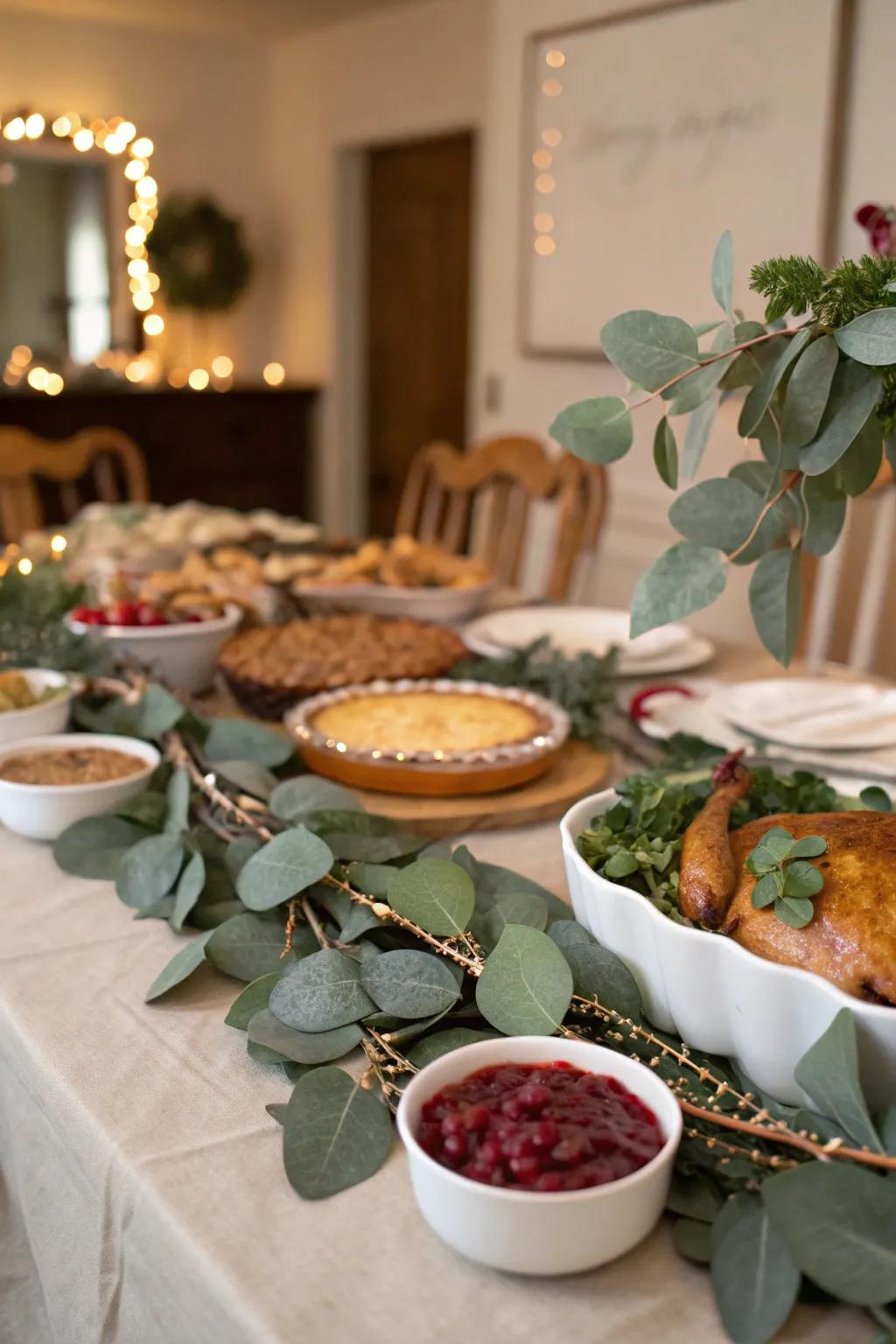 Garland accents enhance the overall lushness of the buffet.
