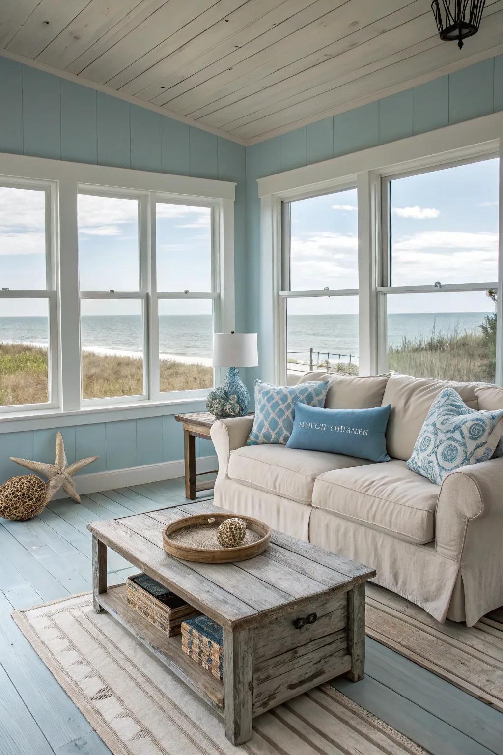 Coastal serenity featuring soothing blues and a breezy feel.