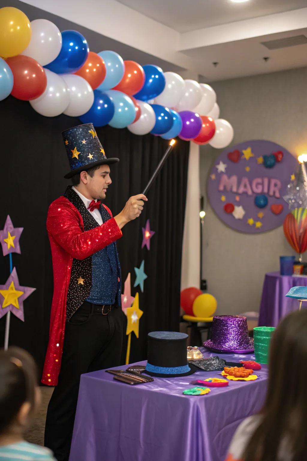 Magic-themed party setup with enchanting illusions and supplies.