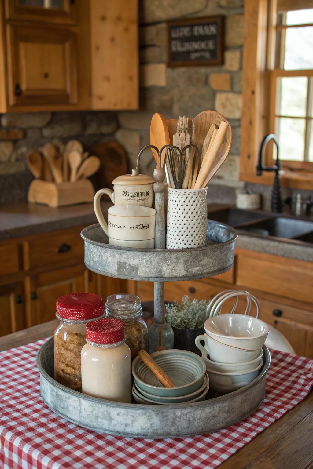 A rustic-themed tiered tray rich with vintage charm.