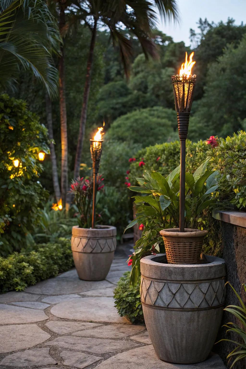 Stabilize <strong><em>tiki torches</em></strong> with stylish planter bases.” loading=”lazy” class=”pimg”>
	</picture><figcaption>Stabilize <strong><em>tiki torches</em></strong> with stylish planter bases.</figcaption></figure>
<p>Secure <strong><em>tiki torches</em></strong> in sizable planters for enhanced stability and visual appeal. This serves as a superb solution for gusty environments, adding greenery to illumination.</p>
<h3>Useful items to consider:</h3>
<ul class=