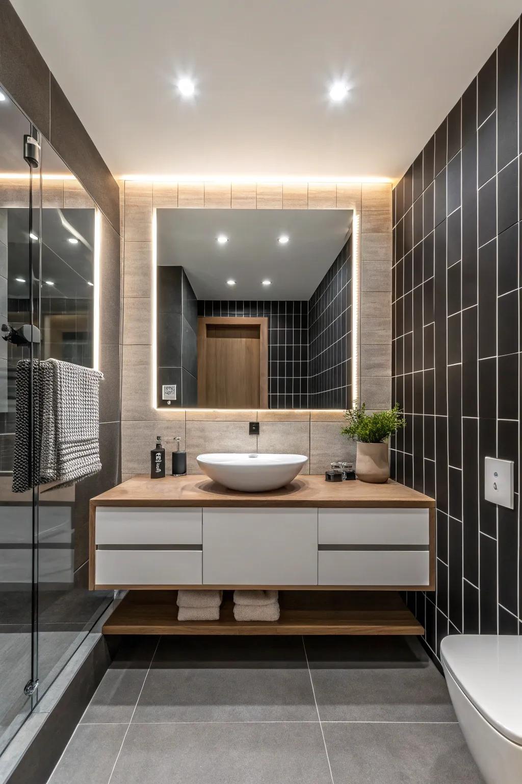 Sharp edge trims provide a bold and modern aesthetic to tiled spaces.