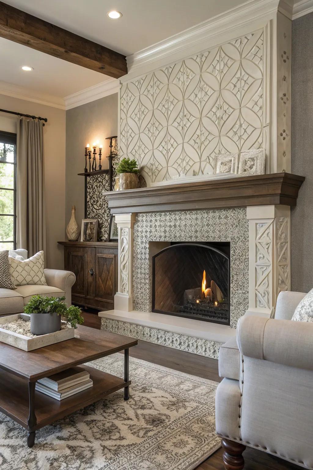 Structured stones add an elegant depth to this fireplace.