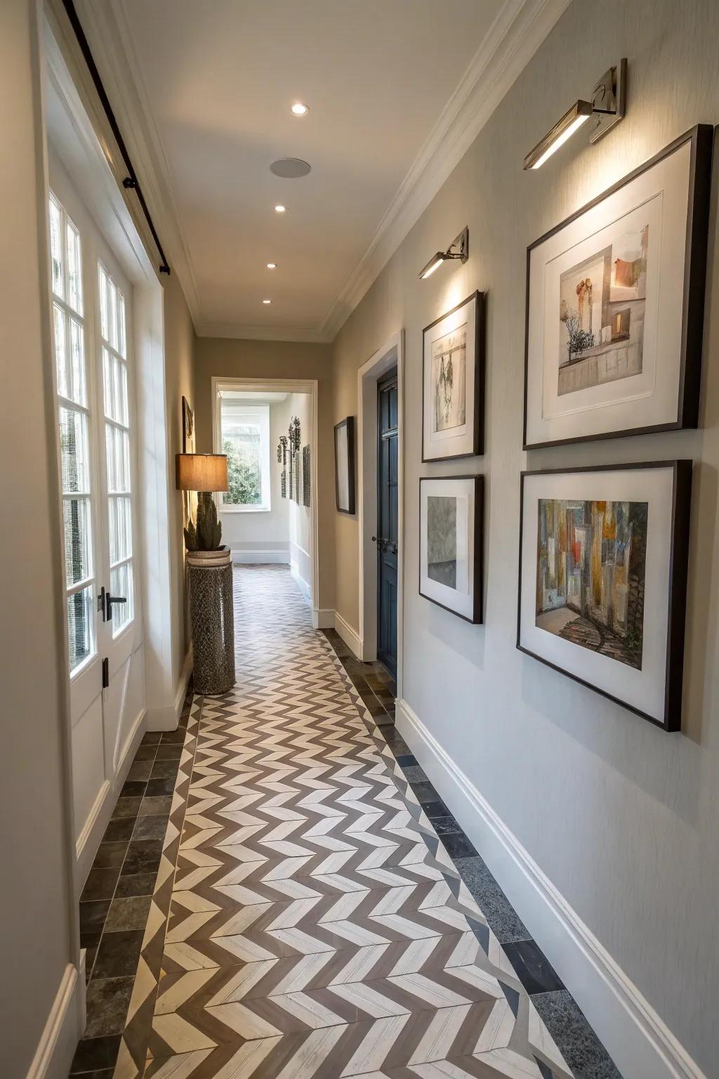 Chevron tiles create dynamic movement and flow in this hallway.