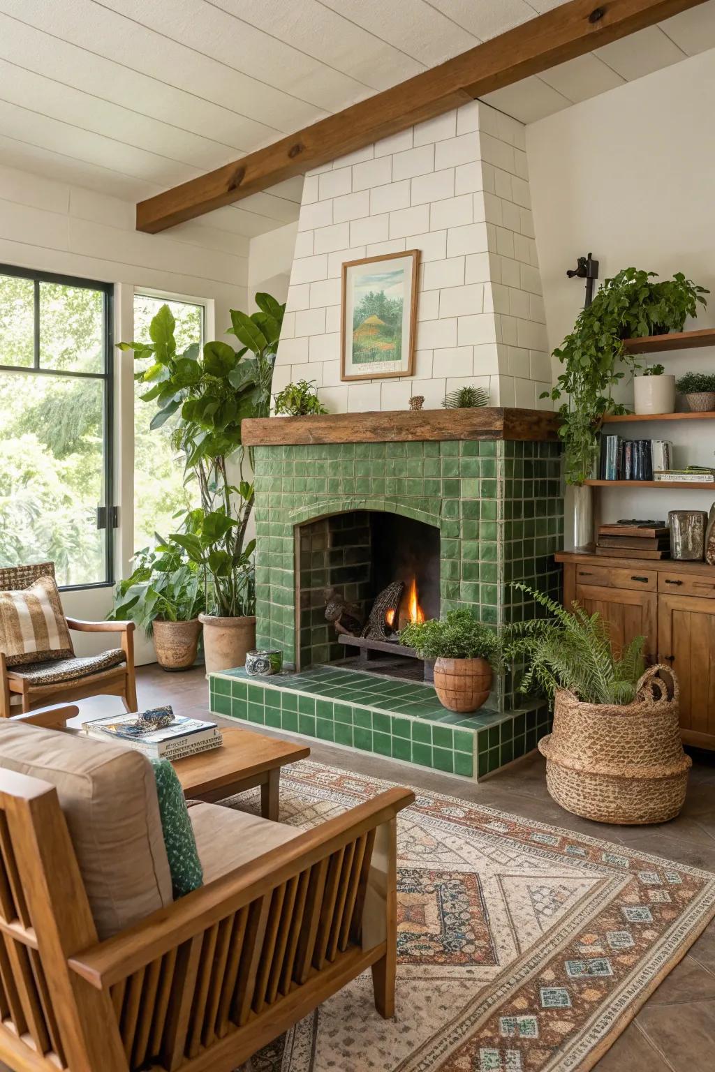Eco-conscious cladding provides a chic and sustainable fireplace design.