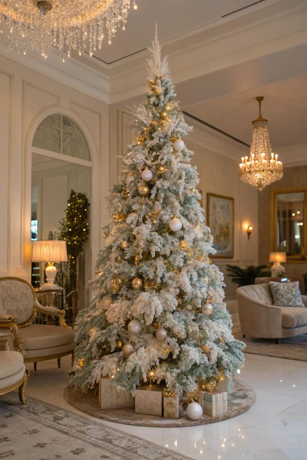 A luxurious home setting with an opulent nacreous foil Christmas tree.