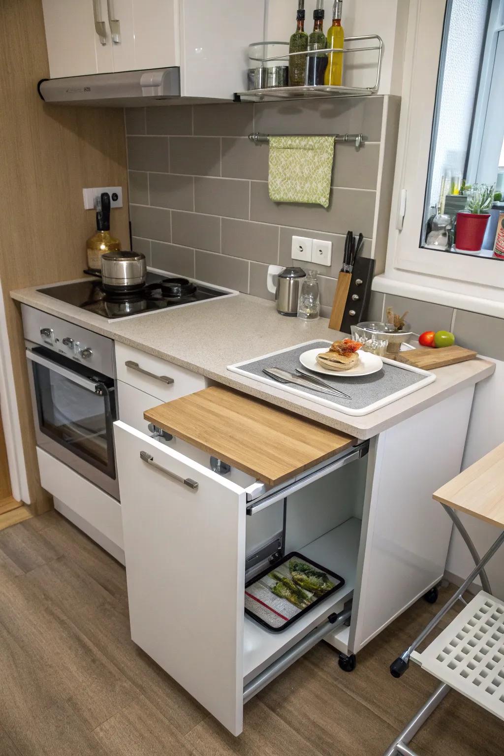 Extendable countertops provide practical workspace solutions in a small kitchen.