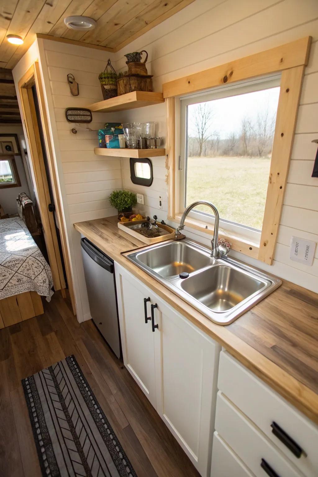 A compact bar sink saving area in a tiny house kitchen.