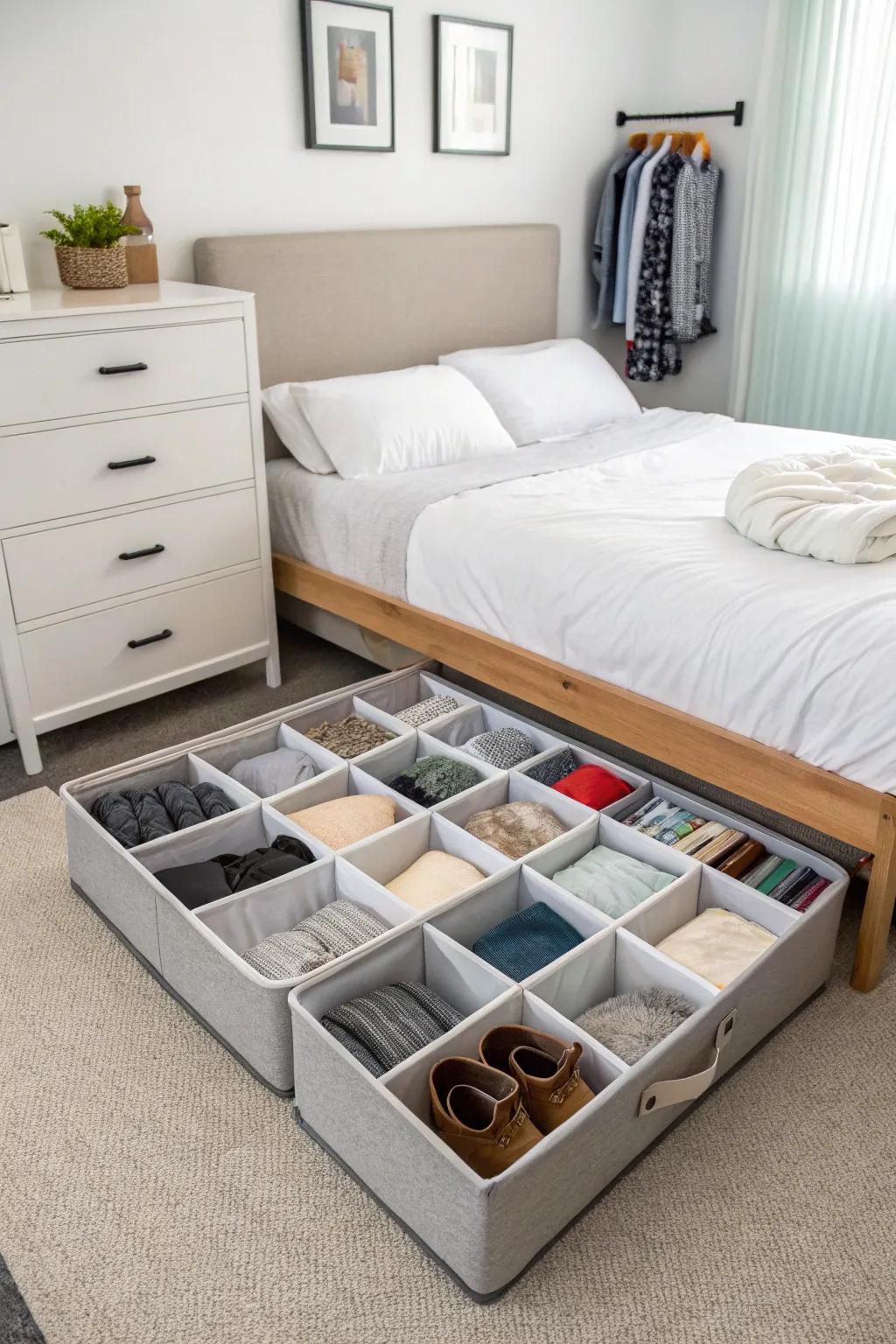 Beneath-bed storage is ideal for managing clutter.
