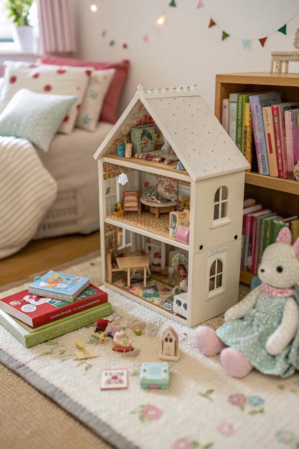 A whimsical world inside a miniature dollhouse.
